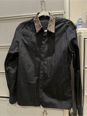 Fendi Black Shirt Jacket with Brown FF Logo Collar